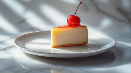 A slice of cheesecake with a cherry on top. The plate is white and the cheesecake is yellowの素材