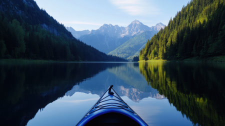 Kayakers glide over a tranquil lake surrounded by majestic mountains and lush forests as the morning sun casts gentle reflections on the water's surface.の素材