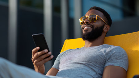 A man sits comfortably on a bright lounge chair, smiling as he checks his smartphone. The sun shines bright, highlighting his casual style and relaxed demeanor, surrounded by modern architecture.の素材