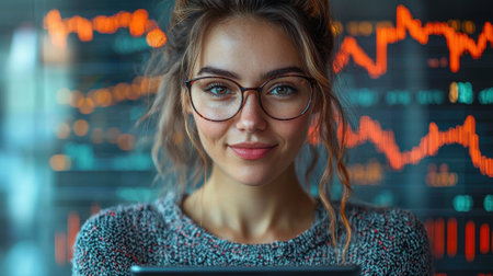A young woman with glasses is focused on her tablet while displaying confidence. Behind her are vibrant financial graphs illustrating market trends, indicating an analytical setting.の素材