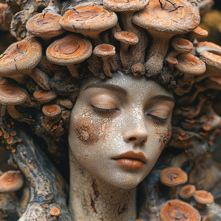 A striking sculpture features a woman's face adorned with intricate mushroom shapes, blending nature and art in a harmonious display. The textures and colors evoke a mystical atmosphere.の素材