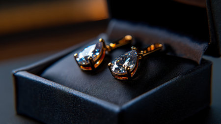 Shimmering drop earrings featuring clear crystals in gold settings rest elegantly in a plush black jewelry box on a wooden table, reflecting soft light.の素材