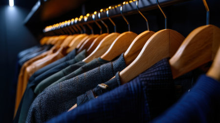 A stylish boutique displays an array of clothing items neatly hung on wooden hangers. The vibrant colors of the garments and the warm lighting create an inviting shopping atmosphere.の素材
