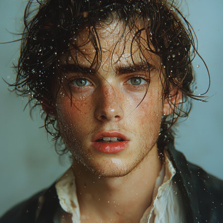 A man with wet hair and a beard is standing in front of a window. The image has a moody and somewhat melancholic feel to it, as the man's wet hair and beard give him a disheveled appearanceの素材