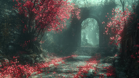 A forest with a red archway and a path leading to it. The archway is covered in red leaves and the path is covered in red leaves as wellの素材