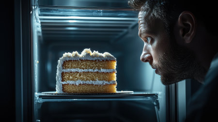 A man is looking at a cake in the refrigerator. He is hungry and wants to eat the cakeの素材