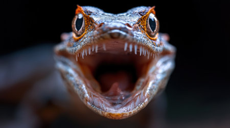 A vibrant lizard is captured up close, displaying its mouth wide open, revealing sharp teeth.の素材