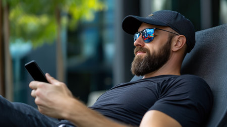 A man lounges comfortably in a modern setting, focused on his smartphone while wearing stylish sunglasses. Bright sunlight creates a relaxed atmosphere around him.の素材