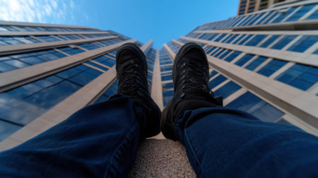 A person in black shoes sits on the edge of a tall building, dangling feet over the side. The view captures the impressive height of structures and a bright blue sky.の素材