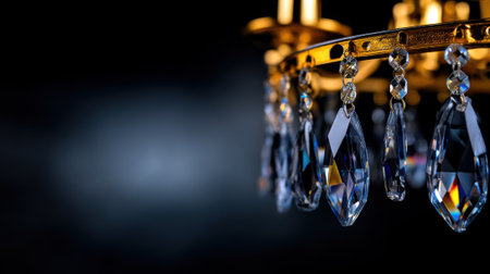 A stunning chandelier with glimmering crystal pendants hangs gracefully, reflecting soft light in an elegant indoor setting during twilight, adding charm and sophistication to the surroundings.の素材