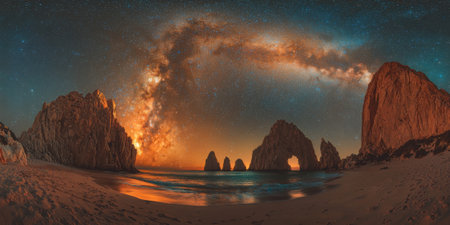 Cabo San Lucas reveals a breathtaking night sky filled with stars and the Milky Way above rocky cliffs and calm ocean waves on a serene beach at twilight.の素材
