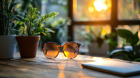 A pair of sunglasses sits on a table next to a potted plant. Concept of relaxation and leisure, as the sunglasses suggest a sunny day and the potted plant adds a touch of greenery to the spaceの素材
