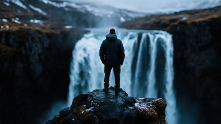 A lone figure gazes at the majestic Seljalandsfoss waterfall in Iceland. The darkening sky enhances the dramatic effect, with mist rising from the cascading water.の素材