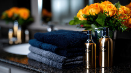 Soft towels are neatly stacked beside elegant gold dispensers and a vibrant bouquet of orange roses, creating a serene and inviting atmosphere in the bathroom.の素材