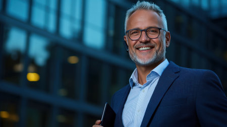 A confident man stands in an urban area during the evening, wearing a blazer and holding a smartphone. He smiles warmly against a backdrop of modern buildings.の素材