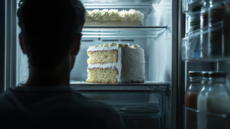 A man is looking at a cake in the refrigerator. The cake is a white cake with frostingの素材