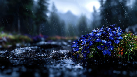 A blue flower is sitting on a rock in a stream. The water is flowing and the sky is cloudyの素材