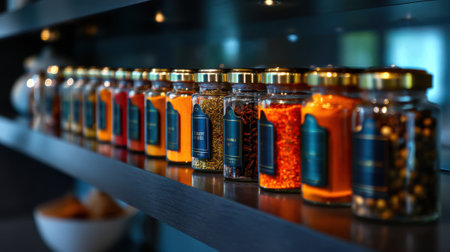 A variety of colorful spice jars are lined up on sleek black shelves in a contemporary kitchen. Each jar contains vibrant ingredients that enhance cooking.の素材