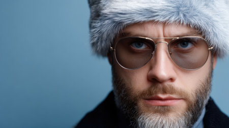 A serious-looking man with a beard wears sunglasses and a fur hat while posing against a solid blue wall. His intense gaze adds a striking contrast to the relaxed setting.の素材