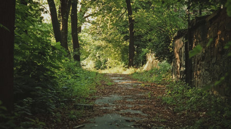 A serene pathway winds through a dense forest, surrounded by vibrant green foliage. Sunlight streams down, creating a peaceful atmosphere in the early morning hours.の素材