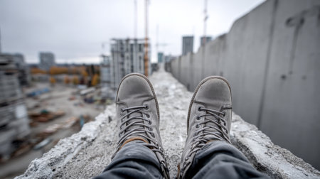 High above the bustling construction site, sturdy boots rest on a concrete edge, illustrating the height and expansive view of ongoing development. A mix of safety and excitement hangs in the air.の素材