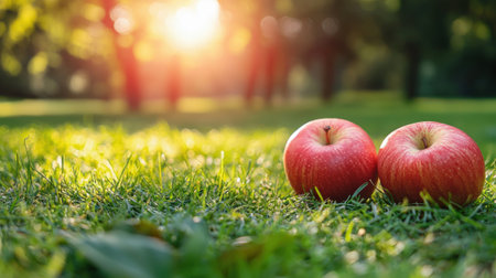 Two apples are on a grassy field. The apples are red and shiny. The field is green and peacefulの素材