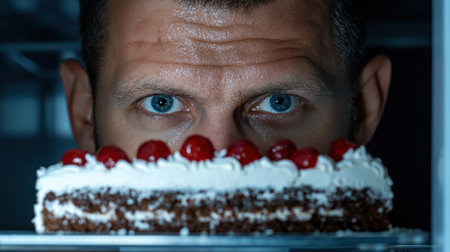 A man is looking at a cake with cherries on it. He is sweating and he is in a rushの素材