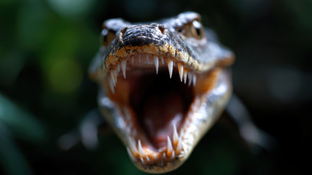 A crocodile is showcasing its sharp teeth, with its mouth open wide. The animal is situated in a lush, tropical environment, highlighting its natural habitat and fierce appearance.の素材