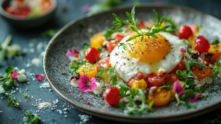 A plate of food with a fried egg on top of it. The plate is topped with a variety of vegetables, including tomatoes, and a sprinkle of cheese. The dish looks colorful and appetizingの素材