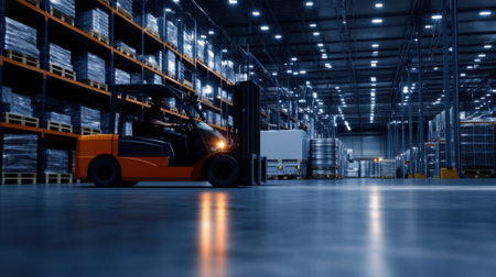 A forklift moves through a large warehouse filled with stacked pallets. Bright lights illuminate the area, highlighting the organized storage layout. Evening shadows create a calm atmosphere.の素材