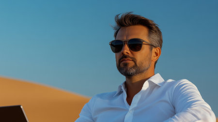 A man with a well-groomed beard sits in the desert, wearing sunglasses and a white shirt. He focuses on his laptop while enjoying the serene sunset backdrop.の素材