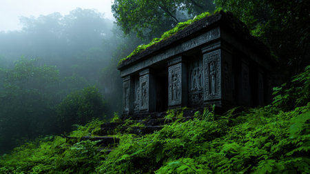A small building with a green roof sits in a lush green forest. The building is surrounded by trees and the sky is cloudyの素材