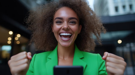 A woman with curly hair joyfully raises her fists in celebration while looking at her smartphone. She wears a bright green blazer and stands in a vibrant urban environment.の素材