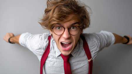 A young man, wearing glasses and suspenders, is energetically expressing excitement with his arms stretched wide and a joyful expression on his face in a neutral setting.の素材