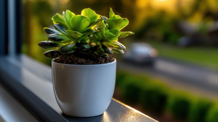 A vibrant succulent plant sits in a small white pot on a windowsill as golden sunlight filters through, casting a warm glow. Soft green leaves contrast the outdoor greenery.の素材