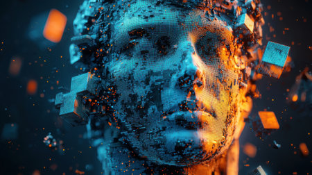 A face made of cubes and fire. The face is distorted and fragmented, giving it a sense of chaos and destruction. The fire adds a sense of danger and urgency to the sceneの素材