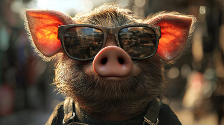 A pig wearing sunglasses and a backpack. The pig is smiling and looking at the camera. The sunglasses and backpack give the image a fun and playful moodの素材