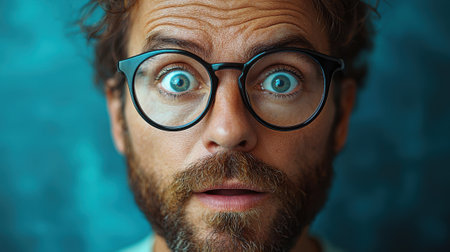 A man with glasses and a beard is staring at the camera with wide eyes. Concept of surprise or shock, as if the man has just received some unexpected news or encountered a startling situationの素材