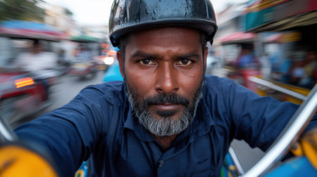 A man wearing a helmet and a blue shirt is riding a motorcycle. The man is looking directly at the cameraの素材