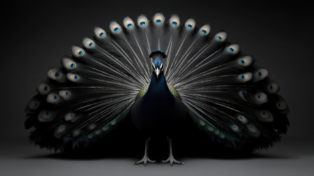 A black and white image of a peacock with its feathers spread out. Concept of majesty and grace, as the peacock stands tall and proud, showing its beautiful plumageの素材
