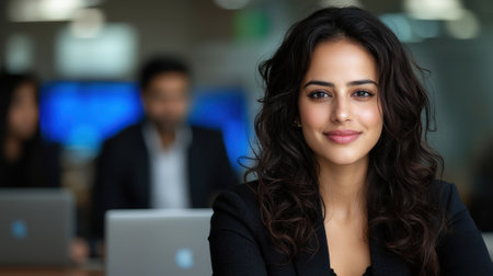 A woman with long hair is sitting at a desk with a laptop in front of her. She is smiling and she is confidentの素材