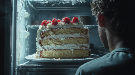 A man is holding a slice of cake in front of a refrigerator. The cake is a white cake with raspberries on top. The man is looking at the cake with a smile on his faceの素材