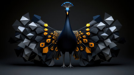 A peacock with a blue and orange tail feather stands in front of a black background. The peacock is the main focus of the imageの素材