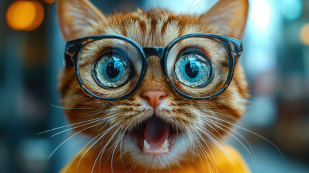 A cat wearing glasses and a yellow shirt is making a funny face. The cat's eyes are wide open and its mouth is open wide, as if it's surprised or excitedの素材