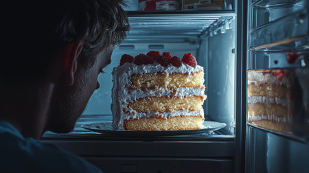 A man is looking at a cake in the refrigerator. The cake is a white cake with strawberries on topの素材