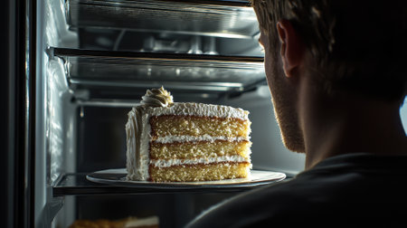 A man is holding a slice of cake in front of an oven. The cake is white and has a frosting on topの素材