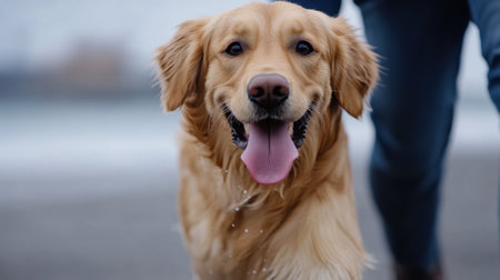 A joyful golden retriever walks along the sandy beach, droplets of water glistening on its fur, as its owner strolls closely beside. The sun shines brightly on their fun day out.の素材