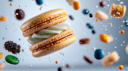 A close up of a pastry with a swirl of icing and a sprinkle of powdered sugar. The pastry is surrounded by a cloud of powdered sugar, giving the impression that it is flying through the airの素材