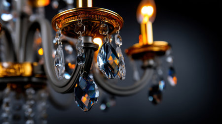 Glowing chandelier illuminates a darkened room with its crystals and warm light. The intricate details and shiny reflections create a luxurious atmosphere, enhancing the space.の素材