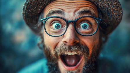 A man with glasses and a hat is smiling and has his mouth open. Concept of joy and excitementの素材